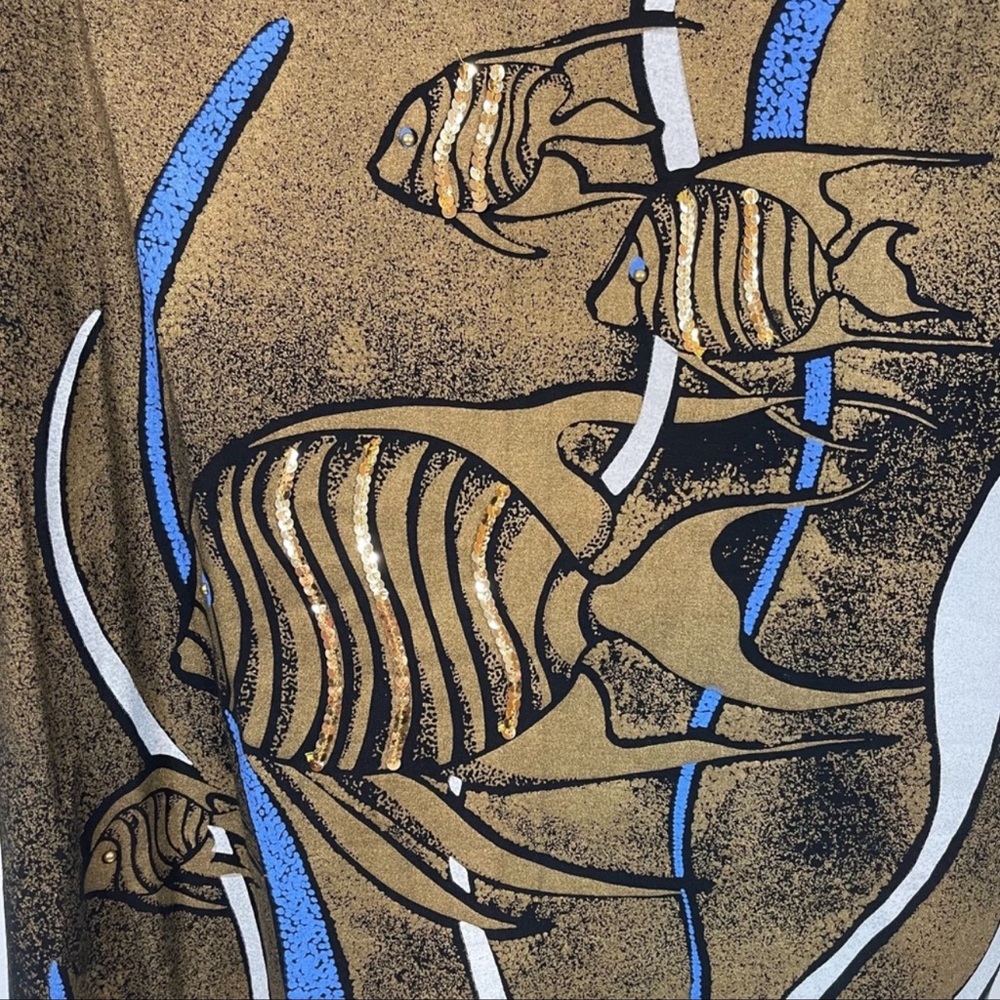 Vintage 80’s Sequin Embellished Batwing Top 2X Fish Gold Black - Picture 3 of 9